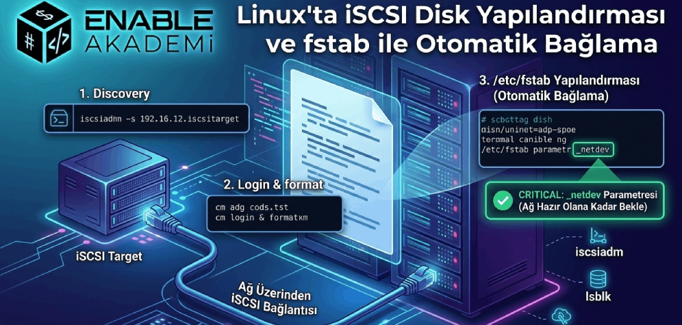 Linux iSCSI Kurulum Rehberi: fstab ve _netdev ile Güvenli Otomatik Bağlama